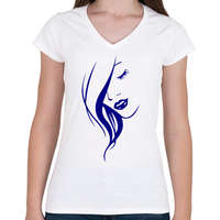 printfashion Női arc - kék - Női V-nyakú póló - Fehér