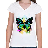 printfashion colorful butterfly - Női V-nyakú póló - Fehér