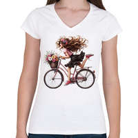 printfashion Boldog biciklis lány - Női V-nyakú póló - Fehér