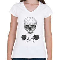 printfashion Skull N' Roses - Női V-nyakú póló - Fehér
