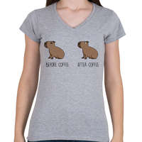 printfashion Capybara - Before coffee after coffee - Női V-nyakú póló - Sport szürke