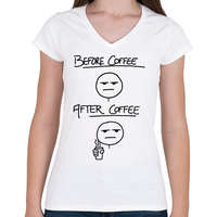printfashion Before coffee after coffee - Női V-nyakú póló - Fehér