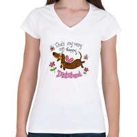 printfashion She's very happy dachshund - Női V-nyakú póló - Fehér