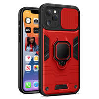OEM iPhone 14 hátlap tok, telefon tok, ütésálló, kamera védővel, kitámaszható, piros-fekete, Ring Lens
