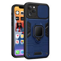 OEM iPhone 14 Plus hátlap tok, telefon tok, ütésálló, kamera védővel, kitámaszható, kék-fekete, Ring Lens