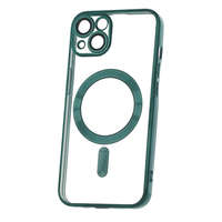 OEM iPhone 15 Pro szilikon tok, hátlaptok, telefon tok, MagSafe kompatibilis, átlátszó, zöld kerettel, kamera védelemmel, Color Chrome Mag