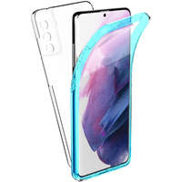 OEM Samsung Galaxy S21 Ultra 5G telefon tok, szilikon előlap+műanyag hátlap, elő+hátlapi, 360 fokos védelem, átlátszó, kék kerettel