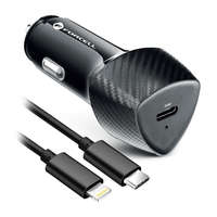 Forcell Szivartöltő fej, autós töltő + iPhone 8pin, lightning töltőkábel, adatkábel gyorstöltő, quick charge, 20W 3A, fekete, karbon mintás, Forcell CC50-1C