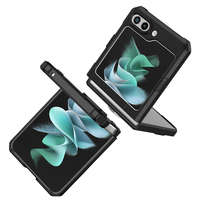 OEM Samsung Galaxy Z Flip 5 5G telefon tok, elő+hátlap tok, műanyag, kitámasztható, ütésálló, fekete, Forcell Mecha, SM-F731B/DS