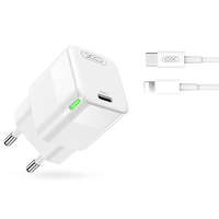 XO Hálózati töltőfej, adapter, USB-C (Type-C) port + USB-C - iPhone 8pin adatkábel, töltőkábel, GaN gyorstöltő, 1m 3A 30W, fehér, XO CE06