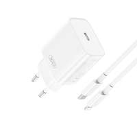 XO Hálózati töltőfej, adapter, USB-C (Type-C) port + USB-C - iPhone 8pin adatkábel, töltőkábel, 1m 3A 20W, fehér, XO CE15