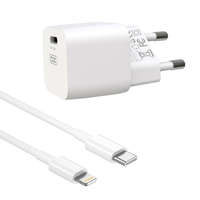 XO Hálózati töltőfej, adapter, USB-C (Type-C) port + USB-C - iPhone 8pin adatkábel, töltőkábel, 1m 3A 20W, fehér, XO CE01