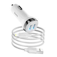 Hoco Szivartöltő fej, autós töltő, 2 USB port + iPhone 8pin, lightning töltőkábel, adatkábel, fehér, 2.4A, Hoco Z40