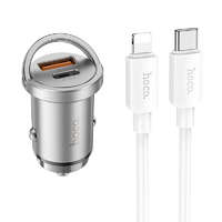 Hoco Szivartöltő fej, autós töltő, USB + USB-C (Type-C) port + iPhone 8pin, lightning töltőkábel, adatkábel, gyorstöltő, mini, QC 18W + PD 45W, ezüst, Hoco NZ10