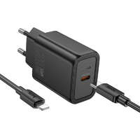Hoco Hálózati töltőfej, adapter + iPhone 8pin, lightning adatkábel, töltőkábel, gyorstöltő, PD QC 3A 20W 1m, fekete, Hoco N60