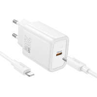 Hoco Hálózati töltőfej, adapter + iPhone 8pin, lightning adatkábel, töltőkábel, gyorstöltő, PD QC 3A 20W 1m, fehér, Hoco N60