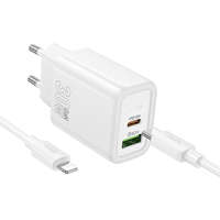 Hoco Hálózati töltőfej, adapter USB + USB-C (Type-C) port + USB-C - iPhone 8pin adatkábel, töltőkábel, 1m 3A 30W, fehér, Hoco N63