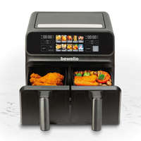 Bewello Bewello BW1002D Air Fryer 4+4 l dupla kosaras forró levegős sütő színes érintő kijelző matt fekete és szálcsiszolt rozsdamentes acél hatású burkolat