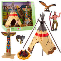 LEAN Toys Indiai figurák halmaza, falusi indiánok sátora, tipi csónak totem