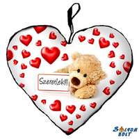 Szív alakú párna, táblás maci szívekkel, szeretlek