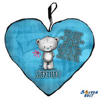 Szív alakú párna, kék szívvel maci, szeretlek
