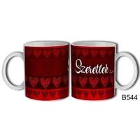 Szerelmes bögre, sötétpiros alapon szívek, szeretlek