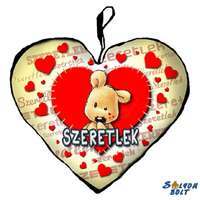 Szív alakú párna, varrott maci, szeretlek