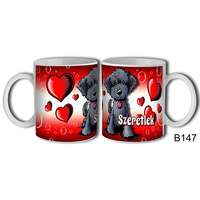 Szerelmes bögre, szürke plüss kutya, szeretlek