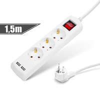 Handy Elosztó 3-as - 3 x 1,5 mm - 1,5 m - 2 x USB-vel - kapcsolós