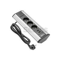GTV SAROKBA ILLESZTHETŐ ASZTALI ELOSZTÓ, IP20, 3 X (2P+F)+ 2X USB (2.1A 5V) EZÜST, SCHUKO, 1,5M KÁBEL GTV-AE-PBKT3S2U-80