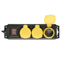 Somogyi Elektronic Home NVO 03K/BK hálózati elosztó, 1,5 m, kapcsolós, H05RR-F 3G1,0 mm2, gumikábel, IP44 védelem, 3 aljzat gyermekvédelemmel és zárófedéllel, max. 3500W