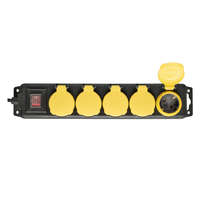 Somogyi Elektronic Home NVO 05K/BK hálózati elosztó, 1,5 m, kapcsolós, H05RR-F 3G1,0 mm2, gumikábel, IP44 védelem, 5 aljzat gyermekvédelemmel és zárófedéllel, max. 3500W