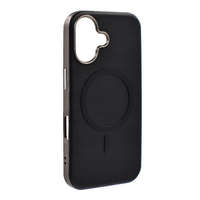 Apple iPhone 16, Szilikon tok, ECO bőrhatású hátlap, fém hátsó kamera keret, Magsafe töltővel kompatibilis, fekete