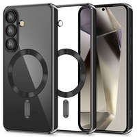 Samsung Galaxy S25 SM-S931, Műanyag hátlap védőtok + szilikon keret, közepesen ütésálló, Magsafe töltővel kompatibilis, fényes keret, Magflex Magsafe, átlátszó/fekete