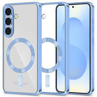 Samsung Galaxy S25 SM-S931, Műanyag hátlap védőtok + szilikon keret, közepesen ütésálló, Magsafe töltővel kompatibilis, fényes keret, Magflex Magsafe, átlátszó/kék