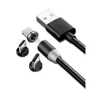 Kábelek - Adapterek Töltő: Univerzális 3in1 USB fekete szövetkábel, cserélhető mágneses Type-C / MicroUSB / Lightning fejekkel,2,0A