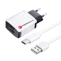 Hálózati telefon töltők Töltő: Forcell U21 - 2xUSB portos fehér hálózati töltőfej 2A + USB / Type-C (USB-C) kábel (1m)