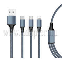 DKS-31 Nylonszövet borítású, minőségi 3 in 1 töltőkábelUSB Type C - USB Type C/mikro USB/Lightni