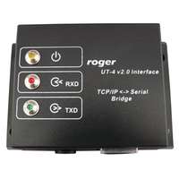 Roger ROGER UT4v2 kommunikációs interfész, TCP/IP konverter, 10-15 VDC, átlag 75mA, max. 150mA, RS232, RxD, TxD, RTS, CTS, GND, RS485, TxA, TxB, RxA, RxB, 110g, 100x68x35