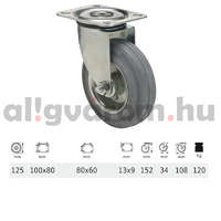 AVLift JPSG 1251 2100 L, Forgó kerék, szürke (nyommentes) gumi futófelület, 125 mm, 120 kg teherbírás, talpas felfogatás