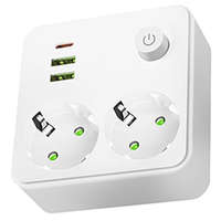 Kobi Kobi Fali elosztó 2 darab aljzattal, 2 USB-A + 1 USB-C és kapcsolóval (2 földelt), fehér