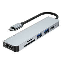 Ezone 6 az 1-ben USB 3.0 elosztó, USB-C-ről 2xUSB3.0-ra, SD kártya port, TF/MicroSD kártya port, HDMI anya, USB-C anya, ezüstszín