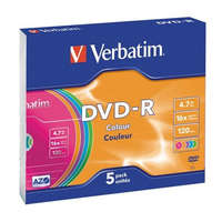 VERBATIM DVD-R lemez, színes felület, AZO, 4,7GB, 16x, 5 db, vékony tok, VERBATIM