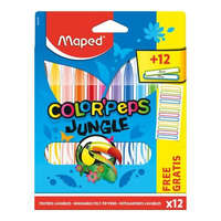 MAPED Filctoll készlet, 2,8 mm, kimosható, MAPED "Color&#039;Peps Jungle" 12 különböző szín+12 ajándék matrica