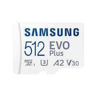 SMG PCC SAMSUNG Memóriakártya, EVO Plus microSD kártya (2021) 512GB, CLASS 10, UHS-1, U3, V30, A2, + Adapter, R130/W