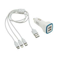 Dupla USB Autós Töltő + 3 az 1-ben Töltőkábel – Micro USB, USB-C, iPhone Kompatibilitás 07683
