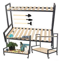 Gurulós virágtartó állvány 2 szintes, fém vázzal és fa polcokkal 27398_CZ