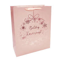 Ajándéktasak - közepes (rózsaszín alapon bronz színű hópelyhek)