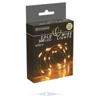 Arany drótkábeles fényfüzér 100 LED-es elemes (elem nélkül) extra meleg