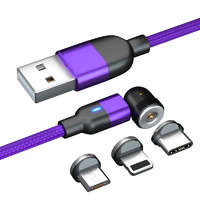 OEM 3in1 mágneses USB töltőkábel IPhone Lighting,Micro USB,USB Type-C 100cm fekete 360° - Lila